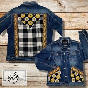 Boho Denim Jacket Refashioned Yellow Floral Black Buffalo Plaid Womens Large